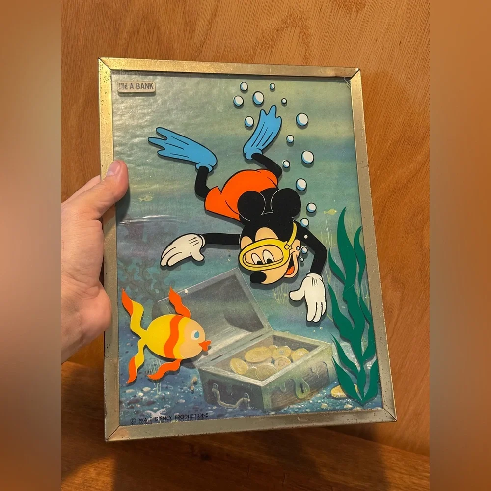 VINTAGE Walt Disney Productions Brytone Mickey Mouse Painting on Glass Bank RARE